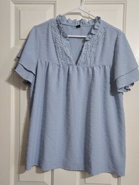 Leasty Light Blue Ruffle Neck Blouse